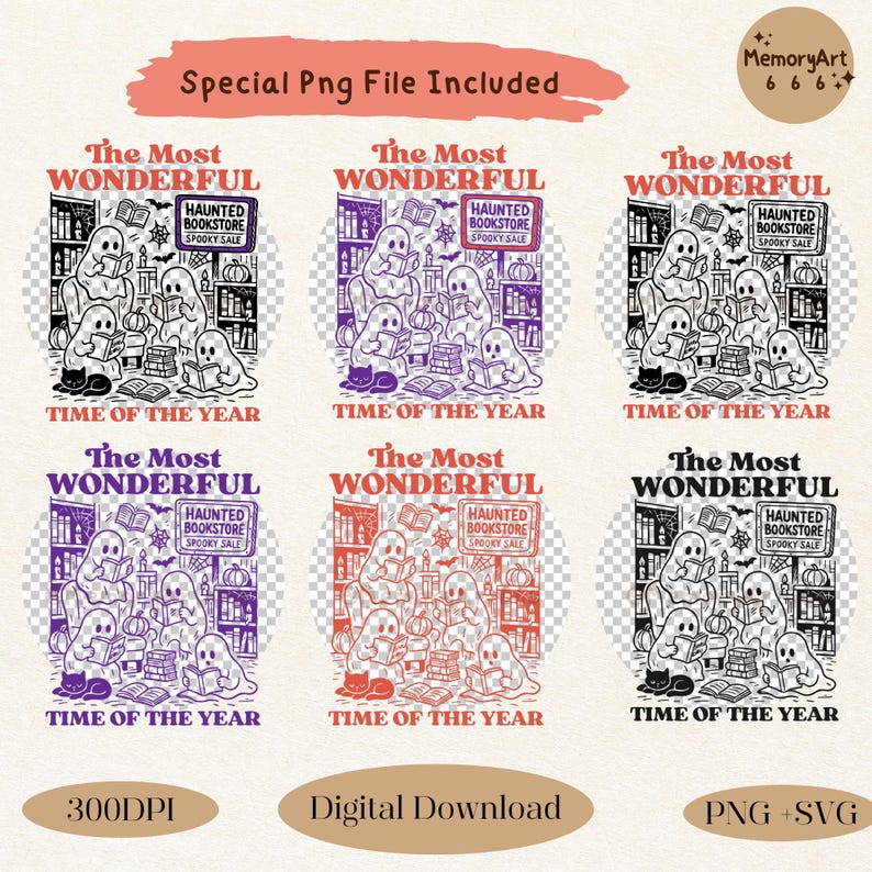 K&ouml;nnte beinhalten: Ein digitaler Download mit sechs Varianten eines Spukbuchladen-Designs. Das Design zeigt Geister, die B&uuml;cher lesen, B&uuml;cherregale und den Text "The Most Wonderful Time of the Year" und "Haunted Bookstore Spooky Sale."