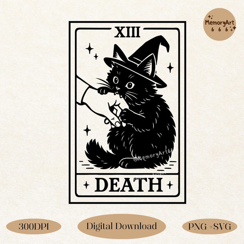 Vintage hand-drawn black cat tarot card illustration featuring a spooky fluffy cat wearing a witch hat, sitting inside the Death card marked XIII. The cat reaches out to a skeletal hand, creating a mystical gothic vibe. Perfect for black cat tarot card svg, Halloween witch cat png, mystical occult design, cat mom halloween shirt, witchy gothic art, spooky season clipart, magical cat lover gift, vintage witchcraft design, gothic tarot shirt, and retro Halloween digital download PNG SVG files