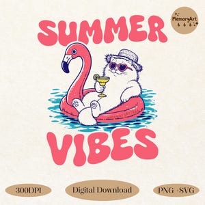 May include: A whimsical illustration features a white cat wearing heart-shaped sunglasses and a hat, lounging on a pink flamingo float in water. The words "SUMMER VIBES" are in pink, retro-style font. A cocktail is in the cat's paw.