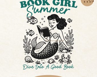Book Girl Summer SVG PNG: Retro Summer Bookworm Mermaid Sublimation Design