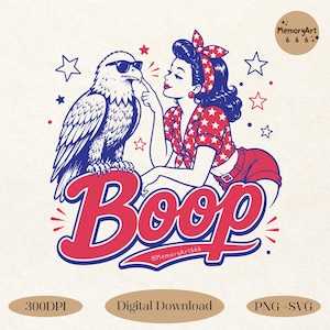 May include: A digital illustration featuring a bald eagle wearing sunglasses and a person with a red star-patterned shirt and hair bow. The person is booping the eagle on the beak. The word Boop is written in large red letters below the figures.