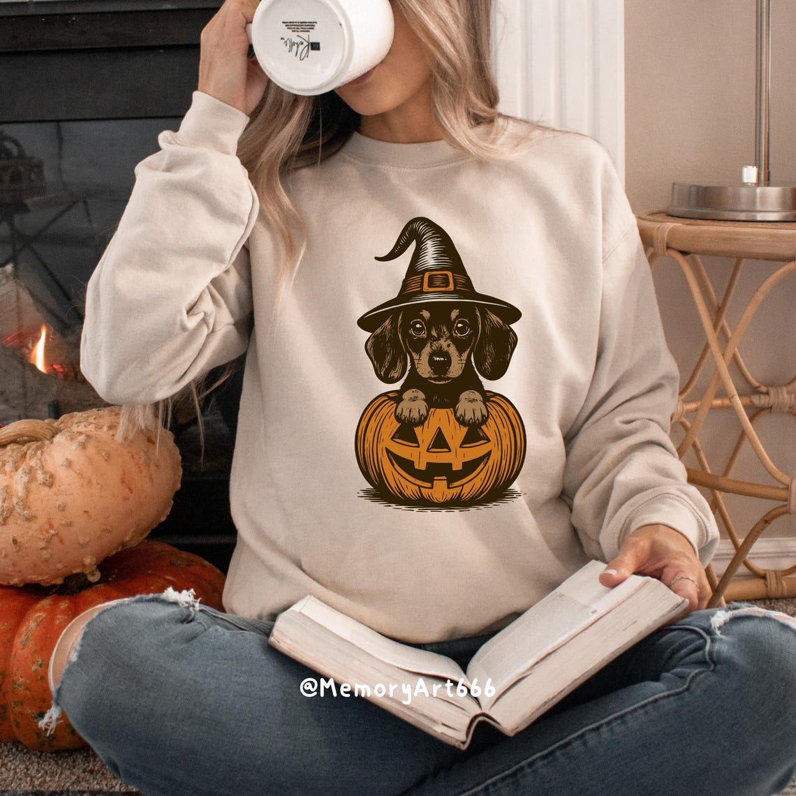 Dachshund Halloween PNG SVG: Spooky Witch Dog in Pumpkins Shirt Design ...