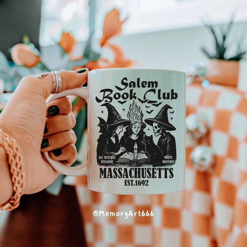 Vintage witch book club design featuring three witches gathered around an open spell book with bats, magical flames, and the text "Salem Book Club Massachusetts Est. 1692", witchy reading SVG PNG design, spooky book lover graphic, Halloween sublimation, digital download.