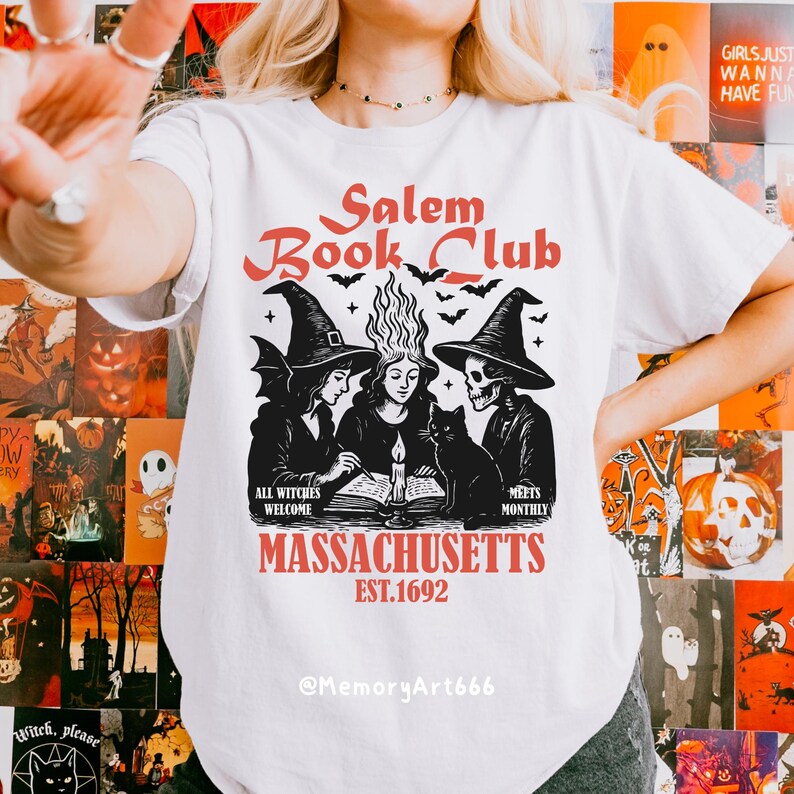 Vintage witch book club design featuring three witches gathered around an open spell book with bats, magical flames, and the text "Salem Book Club Massachusetts Est. 1692", witchy reading SVG PNG design, spooky book lover graphic, Halloween sublimation, digital download.