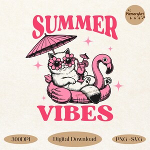 Summer Vibes Cat SVG PNG, Retro Funny Flamingo Float Girly Beach Vibes Shirt Design