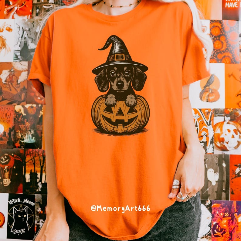 Dachshund Halloween PNG SVG: Spooky Witch Dog in Pumpkins Shirt Design ...
