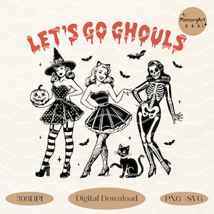 Halloween Girl Squad SVG PNG, Lets Go Ghouls, Retro Pin-up Woman Design