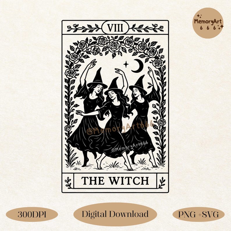 Vintage-style tarot card illustration titled ‘The Witch,’ featuring a witch inside an ornate floral frame with crescent moon. SVG PNG file digital download for tarot lovers and witch-themed art — perfect for witch tarot card SVG, the good witch SVG, salem PNG, spooky girl PNG, vintage witch PNG, halloween shirt PNG, halloween sweatshirt, witchy PNG file, girly halloween PNG, gothic halloween, halloween PNG, halloween women, vintage halloween, and witchy halloween designs