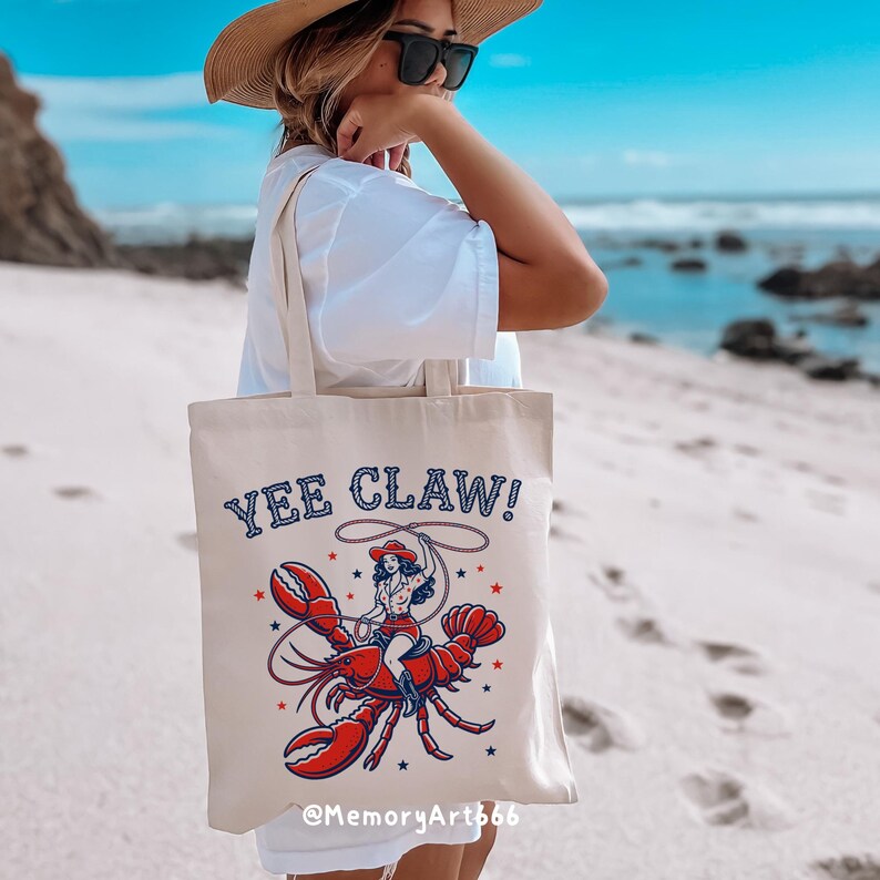 Yee Claw cowboy hat crawfish lobster cowgirl SVG design featuring a vintage western woman riding a large lobster and swinging a lasso rope, funny ocean western mashup illustration. Retro hand-drawn style with bold clean lines, perfect for beach summer graphic, coastal cowgirl shirt design, Cricut SVG PNG sublimation file, quirky seafood western clipart, rodeo lobster artwork, digital download for DIY projects, t-shirts, stickers, and apparel printing.