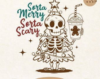 Sorta Merry Sorta Scary Skeleton Christmas Tree SVG PNG, Retro Holiday Humor Shirt Design