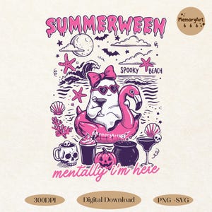 Cute Summerween ghost illustration featuring a retro ghost wearing heart-shaped sunglasses and a pink coquette bow while relaxing on a pink flamingo pool float. Surrounded by spooky beach elements including seashells, starfish, waves, bats, pumpkins, skull mugs, and Halloween cocktails, with the quote “Mentally I’m Here.” Perfect for Halloween beach aesthetics, retro apparel, Cricut projects, sublimation, SVG PNG downloads, stickers, mugs, tote bags, beach vacation shirts, and spooky gifts.