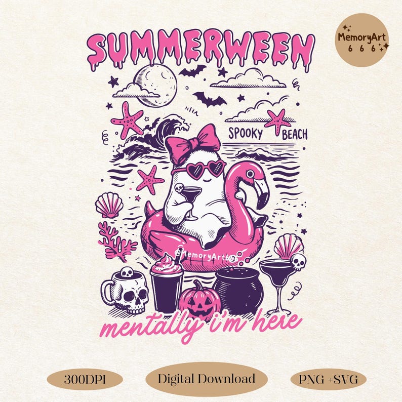 Cute Summerween ghost illustration featuring a retro ghost wearing heart-shaped sunglasses and a pink coquette bow while relaxing on a pink flamingo pool float. Surrounded by spooky beach elements including seashells, starfish, waves, bats, pumpkins, skull mugs, and Halloween cocktails, with the quote “Mentally I’m Here.” Perfect for Halloween beach aesthetics, retro apparel, Cricut projects, sublimation, SVG PNG downloads, stickers, mugs, tote bags, beach vacation shirts, and spooky gifts.