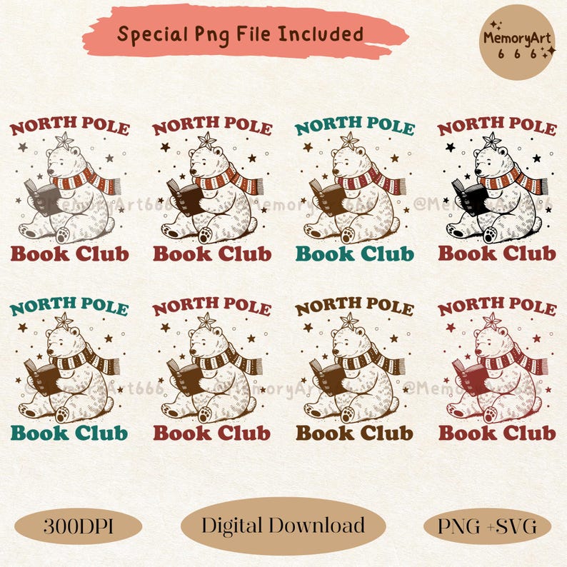 May include: Eight digital illustrations of a polar bear wearing a scarf and reading a book. The text "North Pole Book Club" is above each bear. The illustrations are in a vintage style with a brown and white color scheme.