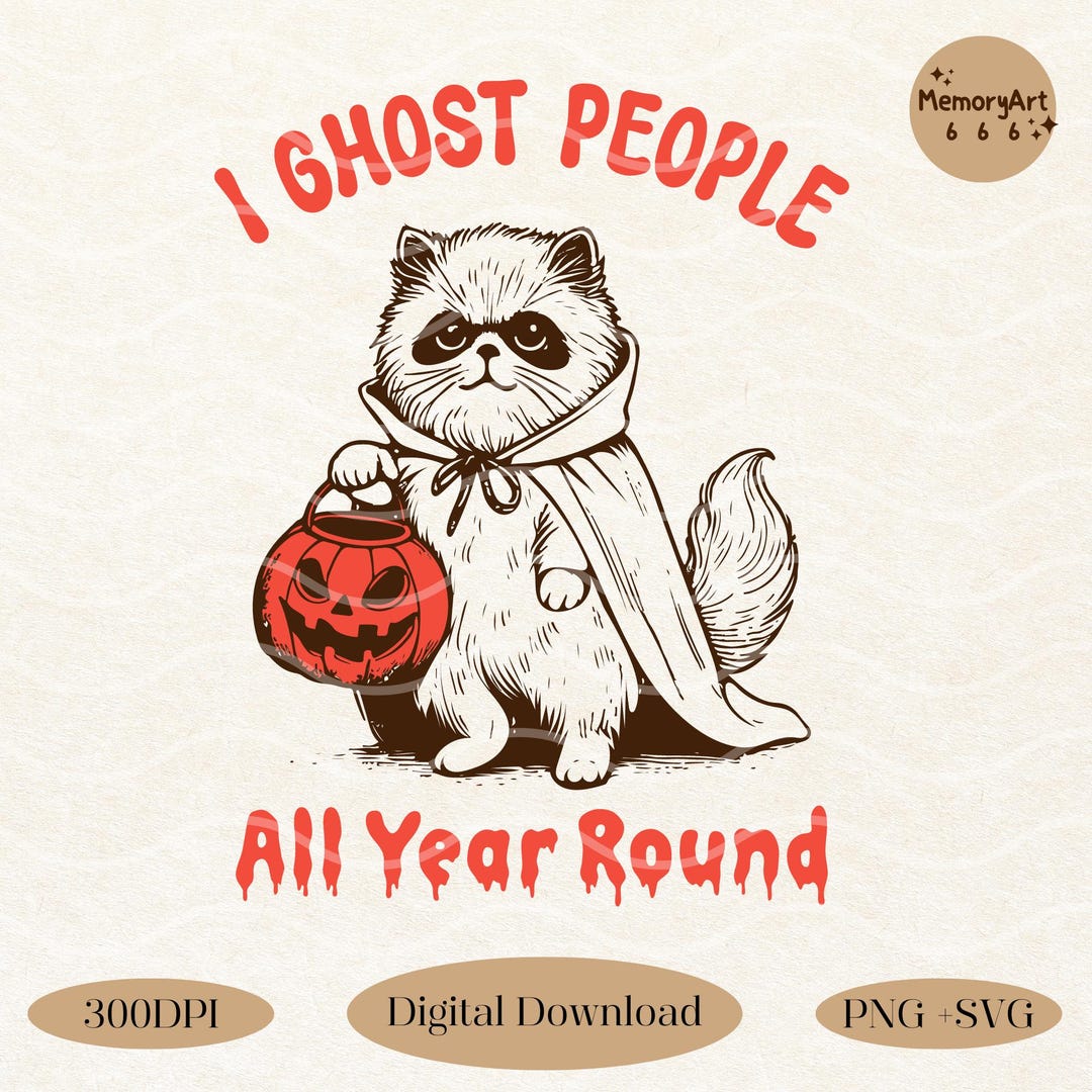 Funny Cat Ghost SVG PNG: Retro Halloween Cat Lover Sublimation Design ...