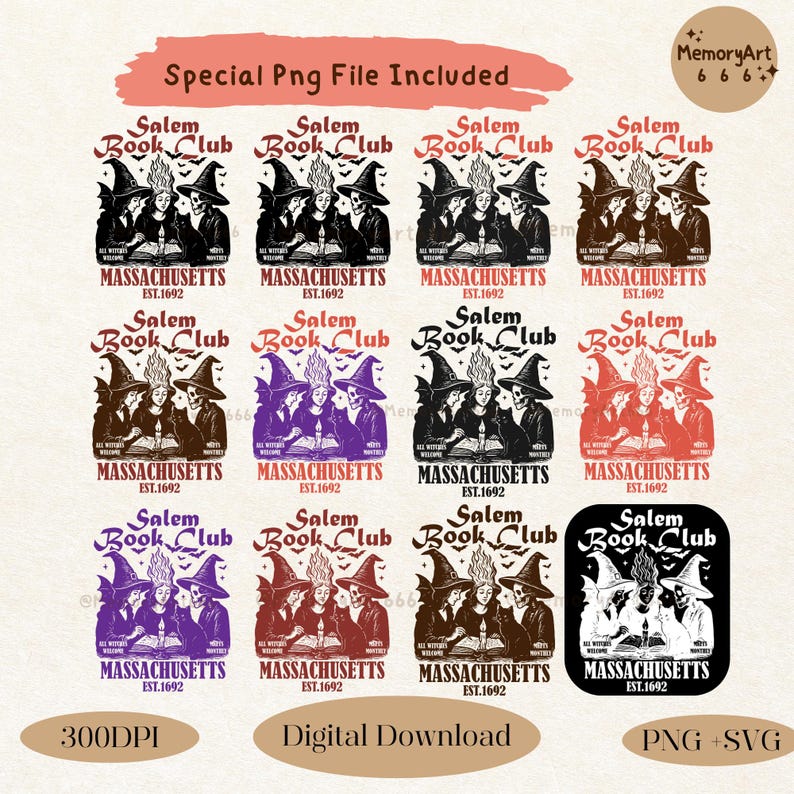 Vintage witch book club design featuring three witches gathered around an open spell book with bats, magical flames, and the text "Salem Book Club Massachusetts Est. 1692", witchy reading SVG PNG design, spooky book lover graphic, Halloween sublimation, digital download.