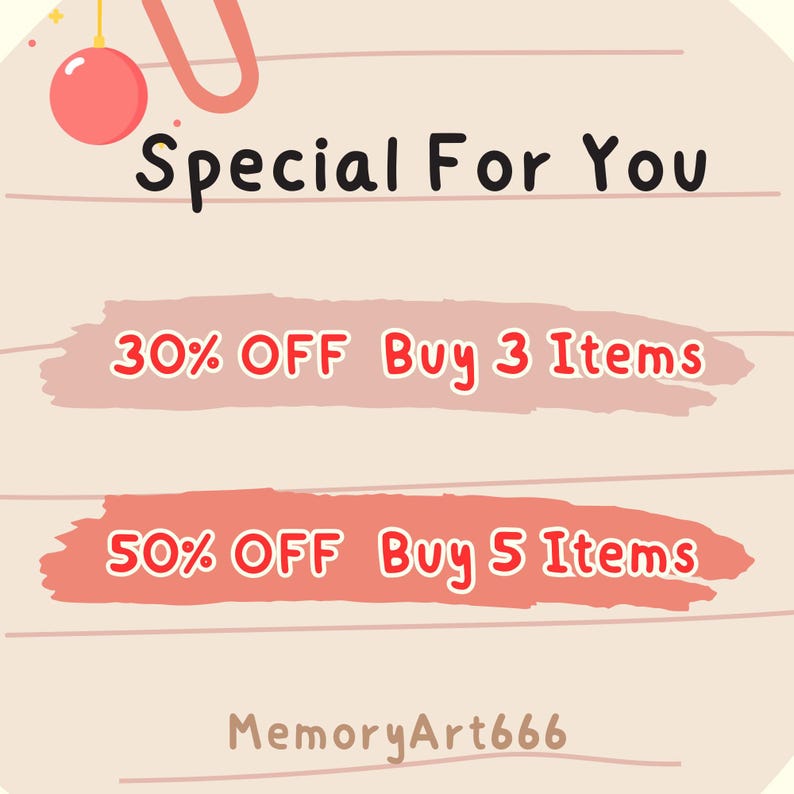 May include: A pink and white striped background with a red banner that says "30% OFF Buy 3 Items" and a second red banner that says "50% OFF Buy 5 Items". The text "Special For You" is at the top of the image and the text "MemoryArt666" is at the bottom of the image.