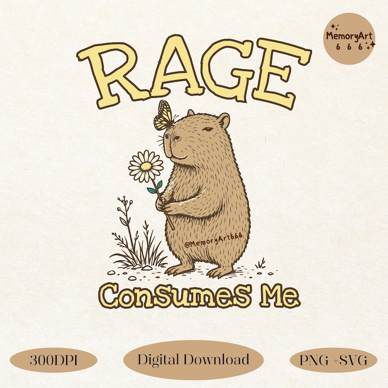 Funny capybara meme PNG SVG design featuring a cute vintage-style capybara holding a daisy flower with a butterfly resting on its head and bold retro “RAGE Consumes Me” typography. Funny sarcastic animal graphic with whimsical hand-drawn line art, soft neutral tones, and trendy unhinged aesthetic. Perfect for funny t-shirts, hoodies, mugs, tote bags, stickers, sublimation projects, Cricut SVG cut files, retro boutique apparel, instant digital download, 300 DPI transparent background.