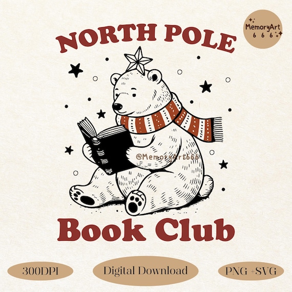 North Pole Book Club, Retro Bookish Christmas Polar Bear Reading SVG PNG Designs