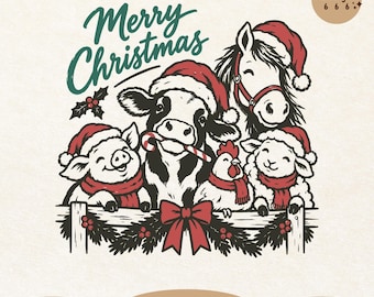 Christmas Farm Animals SVG PNG, Merry Christmas Barnyard Cow Horse Pig Sheep Chicken, Retro Farmhouse Christmas Shirt, Holiday Sublimation