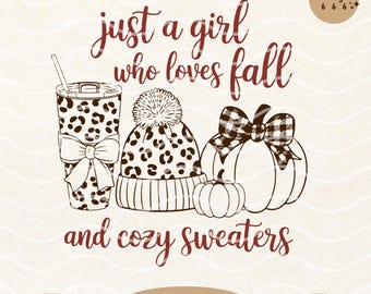 Just A Girl Who Loves Fall SVG PNG, Girly Cozy Autumn Leopard Coffee Pumpkin Fall Shirt Sublimation Design