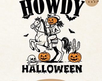 Howdy Halloween Cowgirl SVG PNG: Pumpkin Head Western Sublimation Design