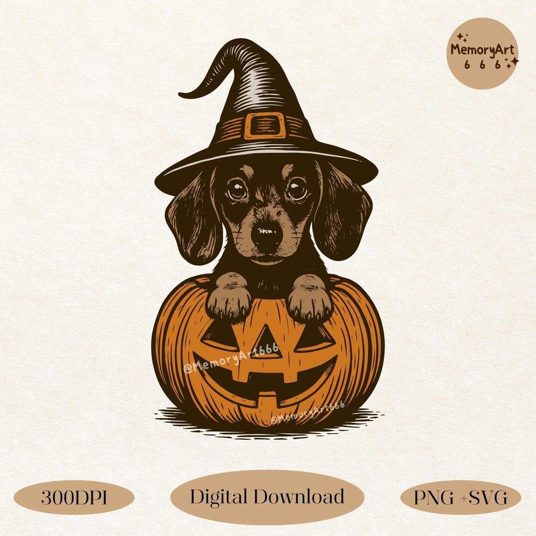 Dachshund Halloween PNG SVG: Spooky Witch Dog in Pumpkins Shirt Design ...