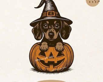 May include: A digital illustration of a dachshund puppy wearing a witch hat, peeking out of a carved pumpkin. The pumpkin is orange with a jack-o'-lantern face. The image includes the text "Digital Download" and "PNG + SVG".