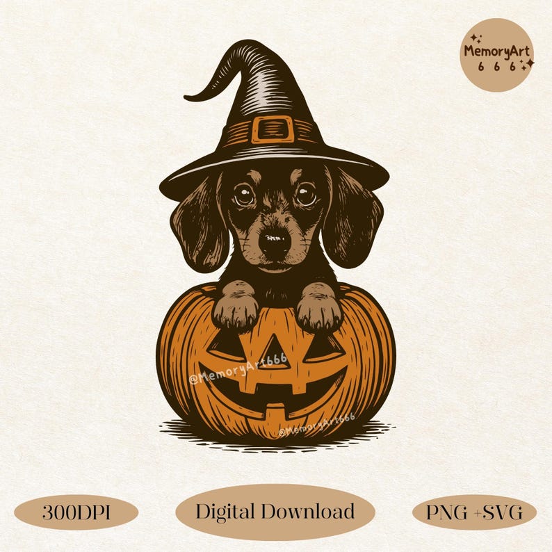 Dachshund Halloween PNG SVG: Spooky Witch Dog in Pumpkins Shirt Design ...
