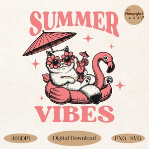 Summer Vibes PNG SVG, Funny Cat Lover Beach Shirt Design, Retro Summer Vacation Flamingo Float Clipart, Trending Cat Summer Sublimation File