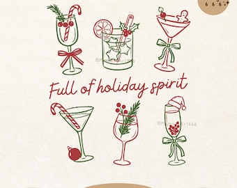 Holiday Spirits SVG PNG, Retro Festive Cocktail Art, Holiday Coquette Bows Xmas Drink Clipart
