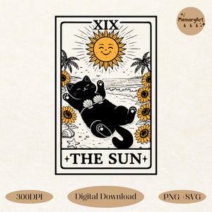Funny Black Cat Tarot SVG PNG, The Sun, Beach Vibes Summer Cat Meme Deck Design