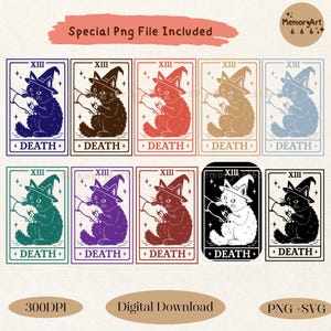 May include: A collection of tarot card designs featuring a black cat wearing a witch's hat. Each card has a different color scheme, with the text "XIII" and "DEATH" displayed. The image includes the text "Special Png File Included", "Digital Download", and "PNG + SVG".