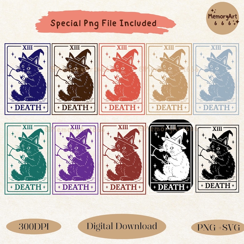 May include: A collection of tarot card designs featuring a black cat wearing a witch's hat. Each card has a different color scheme, with the text "XIII" and "DEATH" displayed. The image includes the text "Special Png File Included", "Digital Download", and "PNG + SVG".