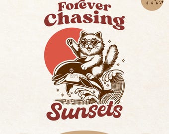 Toujours à la recherche de couchers de soleil, citations de plage rétro drôle d'été chat SVG PNG chemise sublimation dessins