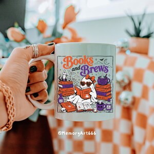 Books and Brews Bookish Halloween PNG SVG with a cute reading ghost, spooky spell books, witchy coffee mugs, potion bottles, bats, candles, and magical decor. Perfect for book lovers, bookworms, readers, librarians, Halloween shirts, mugs, tote bags, stickers, and sublimation designs.