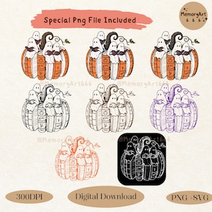 May include: Digital download featuring a pumpkin design with ghosts reading books. The pumpkin is orange with brown accents, and the ghosts are white. The text "Special Png File Included", "300DPI", "Digital Download", and "PNG + SVG" are also included.