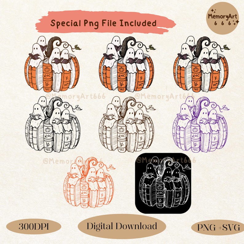 May include: Digital download featuring a pumpkin design with ghosts reading books. The pumpkin is orange with brown accents, and the ghosts are white. The text "Special Png File Included", "300DPI", "Digital Download", and "PNG + SVG" are also included.
