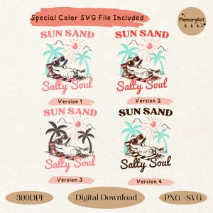 Peut inclure: Quatre variations d'un design num&eacute;rique repr&eacute;sentant un canard de dessin anim&eacute; portant des lunettes de soleil et se relaxant sur une chaise de plage avec des palmiers et le texte "Sun Sand Salty Soul".