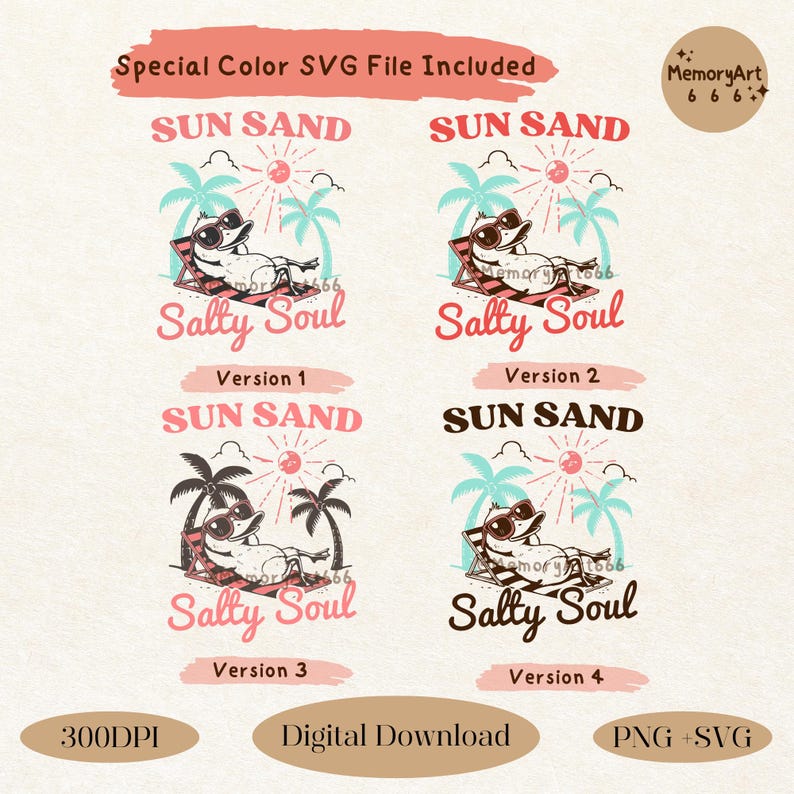 Peut inclure: Quatre variations d'un design num&eacute;rique repr&eacute;sentant un canard de dessin anim&eacute; portant des lunettes de soleil et se relaxant sur une chaise de plage avec des palmiers et le texte "Sun Sand Salty Soul".