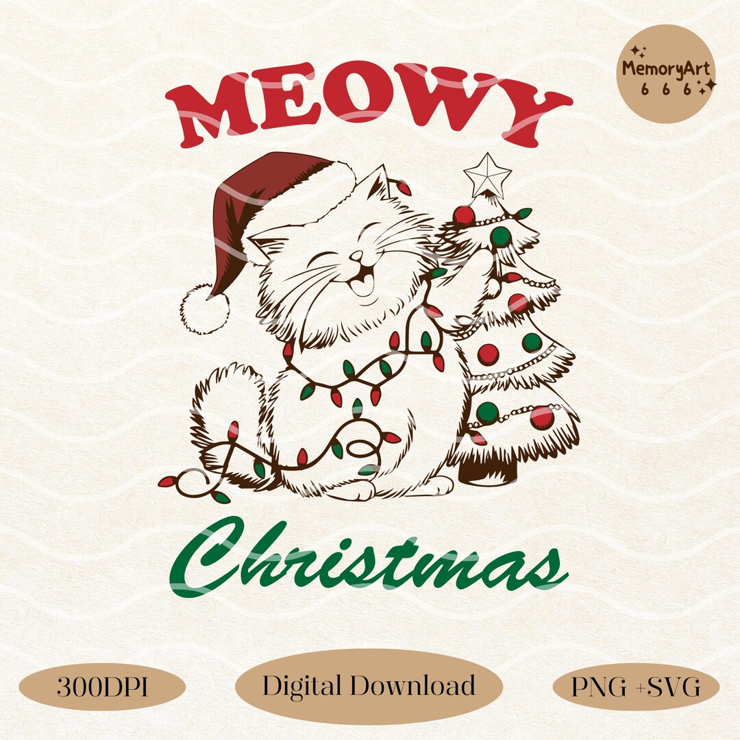 Meowy Christmas Santa Cat PNG SVG: Retro Festive Cat Lover Design ...