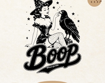 Retro Boop Witch Raven SVG PNG, Funny Girly Witchy Halloween Crow Shirt Sublimation Designs