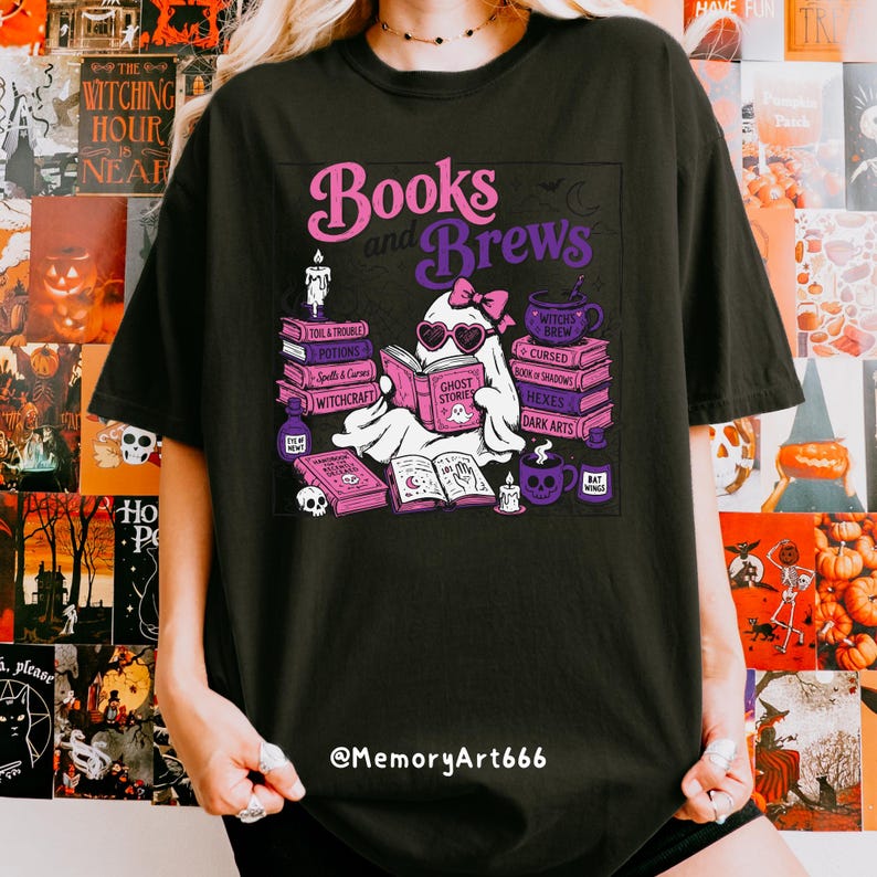 Books and Brews Bookish Halloween PNG SVG with a cute reading ghost, spooky spell books, witchy coffee mugs, potion bottles, bats, candles, and magical decor. Perfect for book lovers, bookworms, readers, librarians, Halloween shirts, mugs, tote bags, stickers, and sublimation designs.