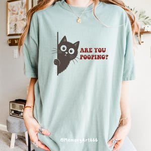 May include: A light blue t-shirt with a graphic of a black cat peeking out from behind a line. The text "ARE YOU POOPING?" is printed in brown. The shirt has short sleeves.