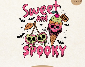 Sweet and Spooky Ice Cream Skull Cherries SVG PNG, Summerween Coquette Pink Halloween Shirt Design