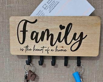 Key Ring holder wall mounted engraved with Family is the heart of a home saying