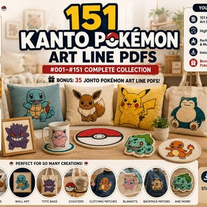 May include: A digital collection of 151 Kanto Pokémon art line PDFs for punch needle projects. The image displays various finished crafts including pillows, a mug, coasters, and wall art featuring characters like Pikachu, Eevee, and Bulbasaur.
