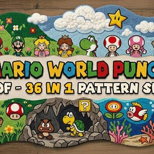May include: A punch needle craft pattern set featuring Mario World characters and elements. The text reads MARIO WORLD PUNCH PDF - 36 IN 1 PATTERN SET. The design includes colorful illustrations of Mario, Luigi, Peach, Daisy, Yoshi, Toad, and various enemies.