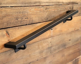 2x1 Powder Coated Modern Metal Handrail with Custom Farmhouse brackets,  Handrail For Stairs, ADA Compliant