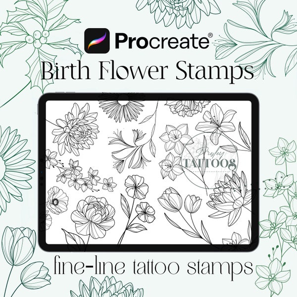 Procreate, Fineline Birth Flowers Tattoo Brush Stamp, Dainty Feminine,  Floral Procreate Brush, Commercial Use, 24 Digital Art Stamps iPad
