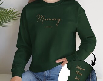 Sudadera de momia con nombres de niños en la manga - Regalo personalizado del Día de las Madres para mamás, mamá embarazada, amigas embarazadas, regalo de mamá de niños